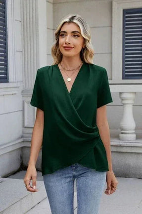 Out of State - Solid Color Surplice Short Sleeve Blouse