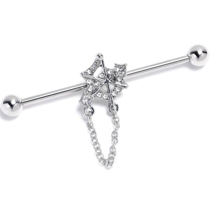 14G Clear Gem Spiderweb Chain Dangle Industrial Barbell 38mm