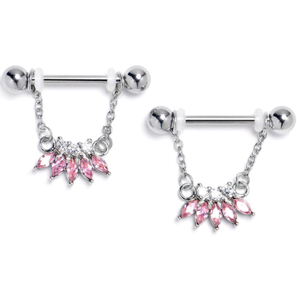 14G 9/16 Pink Gem Fashion Fan Chain Dangle Nipple Ring Set