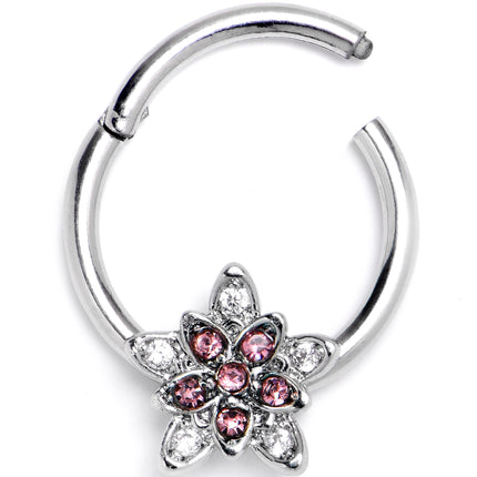 16G 3/8 Pink Clear CZ Gem Snowflake Flower Hinged Segment Ring