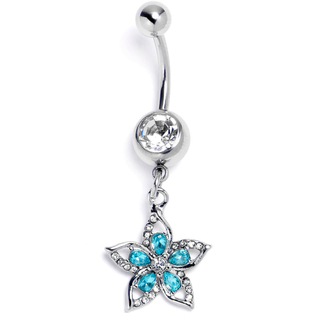 Clear Blue Gem Double Flower Glam Dangle Belly Ring