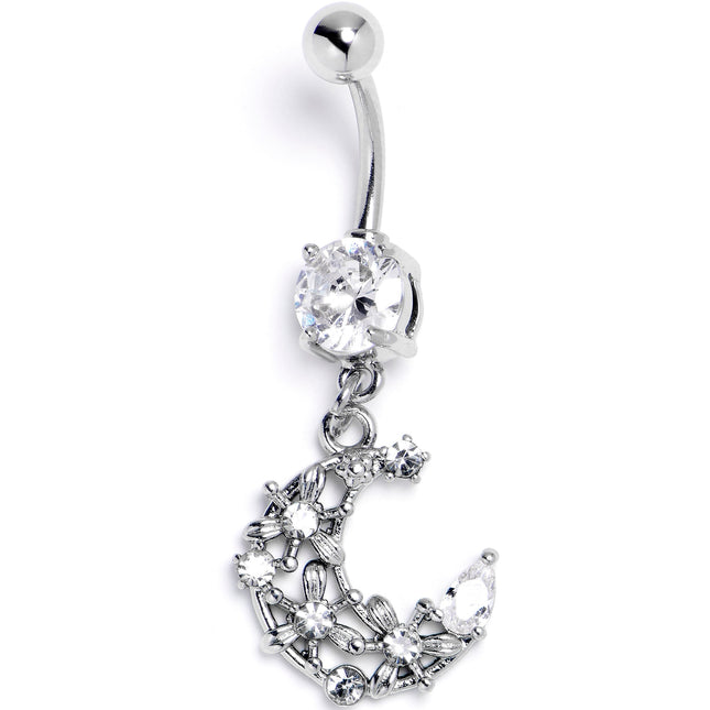 Clear Gem Flower Moon Dangle Belly Ring