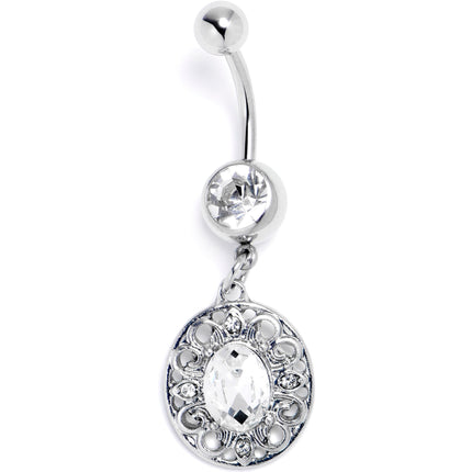 Clear Gem Flower Oval Elegance Dangle Belly Ring
