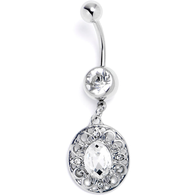 Clear Gem Flower Oval Elegance Dangle Belly Ring