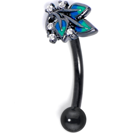16G 5/16 Clear CZ Gem Black Lush Leaves Curved Eyebrow Ring