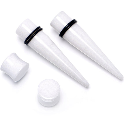 White Acrylic Shimmer Finish Taper Plug Set 6mm to 20mm Sizes