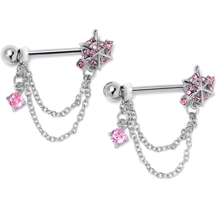 14G 9/16 Pink CZ Gem Spiderweb Chain Dangle Nipple Ring Set