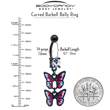 Clear CZ Gem Black Butterfly Duo Red Dangle Belly Ring