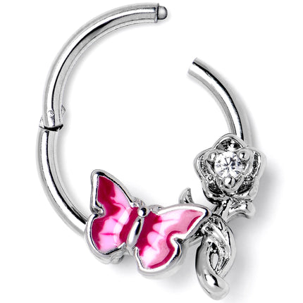 16G 3/8 Clear CZ Gem Butterfly Rose Flower Pink Hinged Segment Ring