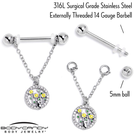 14G 9/16 Clear Gem Cat Yellow Flowers Chain Dangle Nipple Ring Set