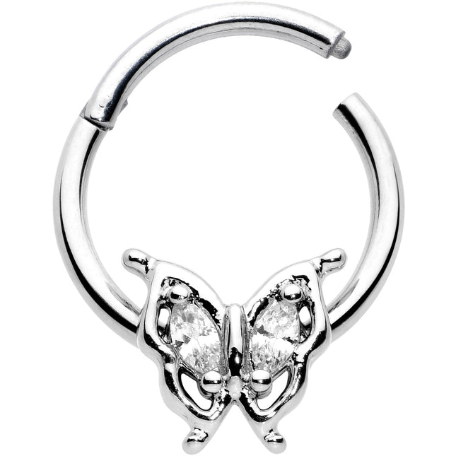 16G 3/8 Clear Gem Fancy Fab Butterfly Hinged Segment Ring
