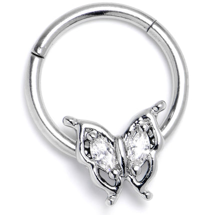 16G 3/8 Clear Gem Fancy Fab Butterfly Hinged Segment Ring