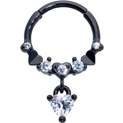 16G 3/8 Clear CZ Gem Black Love Heart Dangle Hinged Segment Ring