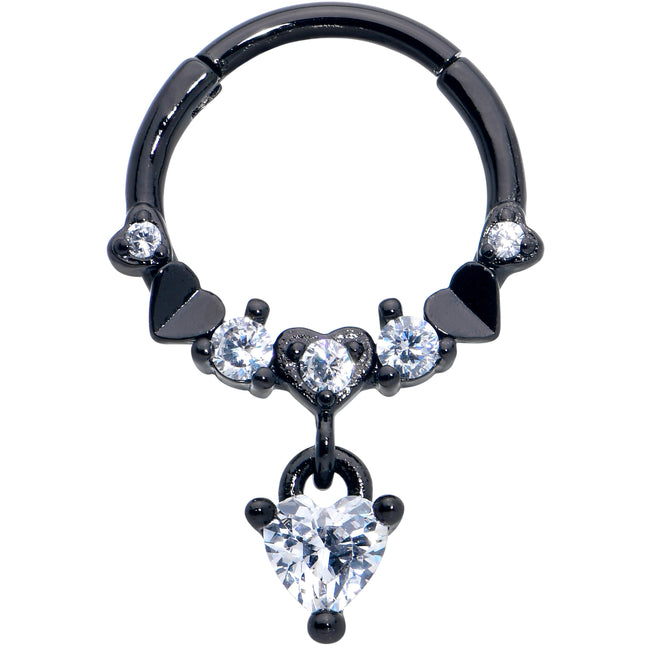 16G 3/8 Clear CZ Gem Black Love Heart Dangle Hinged Segment Ring