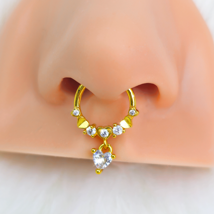 16G 3/8 Clear CZ Gem Gold Tone Love Heart Dangle Hinged Segment Ring