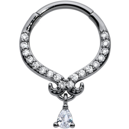 16G 3/8 Clear CZ Gem Black Elegant Curves Hinged Segment Ring