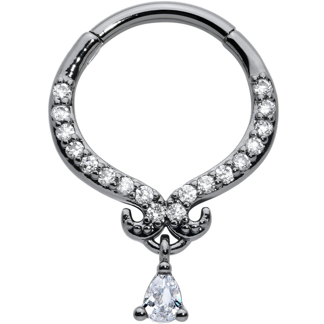 16G 3/8 Clear CZ Gem Black Elegant Curves Hinged Segment Ring