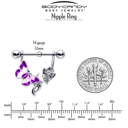 14G 9/16 Butterfly Purple Rose Flower Dangle Nipple Ring Set