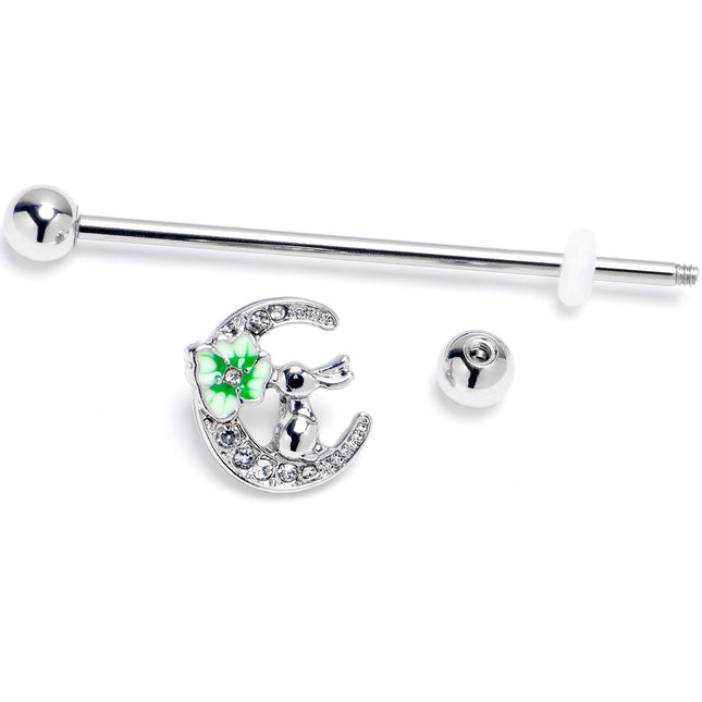 14G Clear Gem Rabbit On Moon Flower Industrial Barbell 38mm