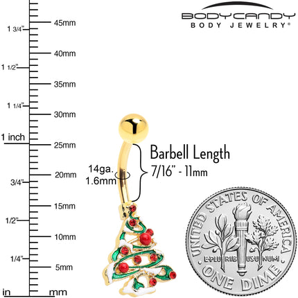 Red Gem Gold Tone Snowy Christmas Tree Holiday Belly Ring