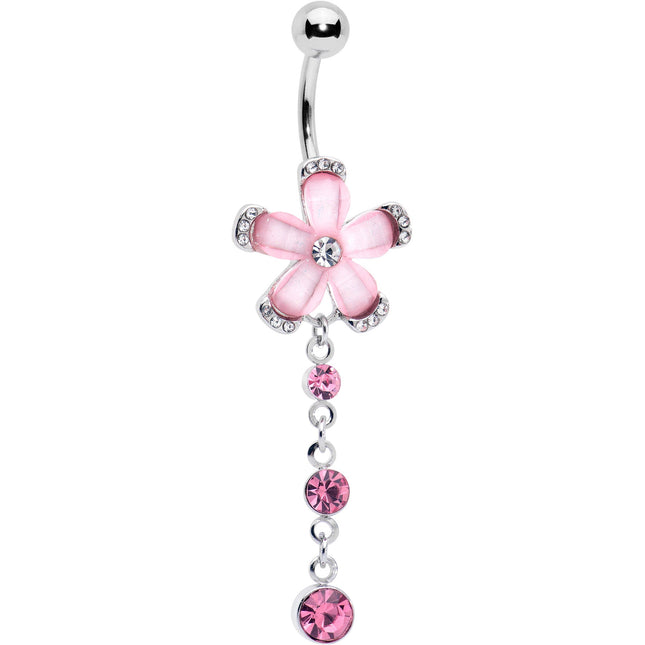 Pink Clear Gem Retro Flower Glamour Dangle Belly Ring