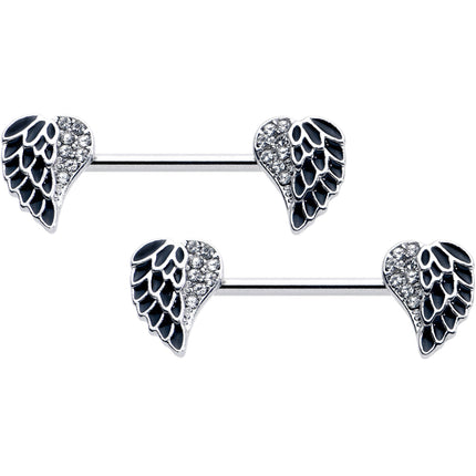 14G 9/16 Clear Gem Heavenly Heart Angel Wing Black Nipple Ring Set