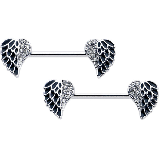 14G 9/16 Clear Gem Heavenly Heart Angel Wing Black Nipple Ring Set