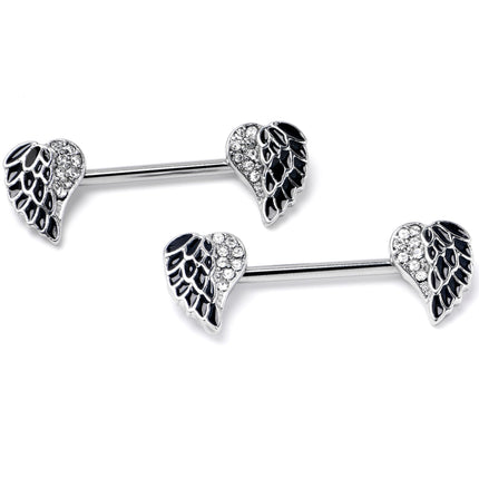 14G 9/16 Clear Gem Heavenly Heart Angel Wing Black Nipple Ring Set
