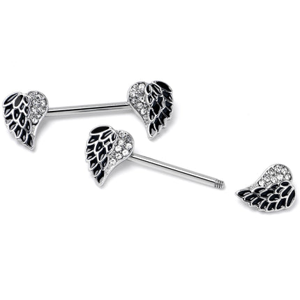 14G 9/16 Clear Gem Heavenly Heart Angel Wing Black Nipple Ring Set