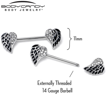 14G 9/16 Clear Gem Heavenly Heart Angel Wing Black Nipple Ring Set
