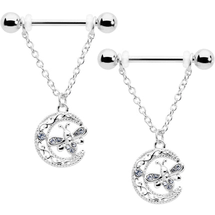 14G 9/16 Clear Gem Lunar Dragonfly Chain Dangle Nipple Ring Set