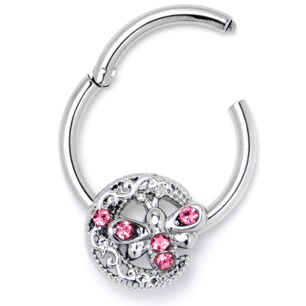 16G 3/8 Pink Gem Lunar Dragonfly Hinged Segment Ring