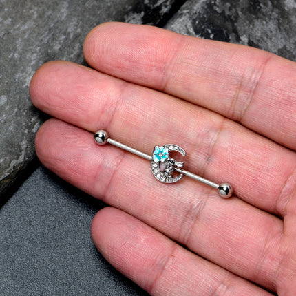 14G Clear Gem Rabbit On Moon Flower Blue Industrial Barbell 38mm