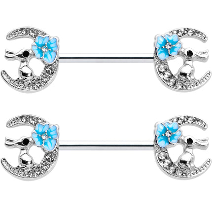 14G 9/16 Clear Gem Rabbit On Moon Flower Blue Nipple Ring Set