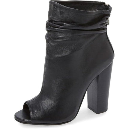 FSJ Womens Size 8 Black 4" Chunky Heel Ankle Boots Round Peep Toe Back Zip Shoes