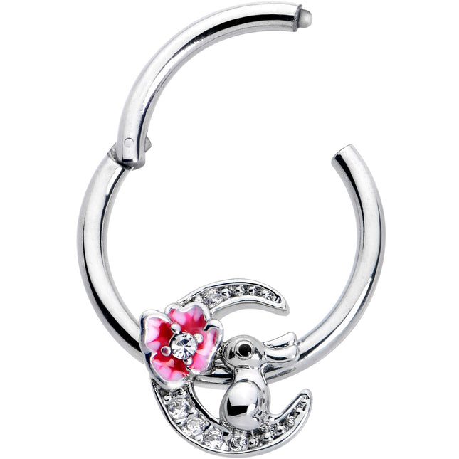 16G 3/8 Clear CZ Gem Rabbit On The Moon Pink Hinged Segment Ring