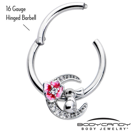 16G 3/8 Clear CZ Gem Rabbit On The Moon Pink Hinged Segment Ring