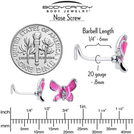 20G 7mm Clear Gem Chunky Butterfly Pink Left Side Nose Screw