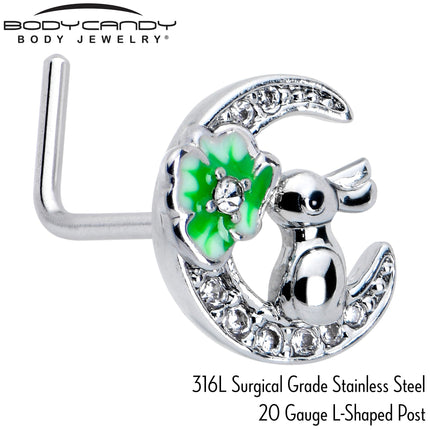 20G 7mm Clear CZ Gem Rabbit On The Moon Green L Shape Nose Ring