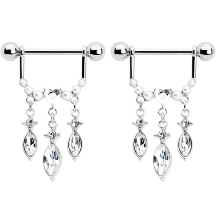 14G 9/16 Clear Gem Heart Triple Drop Dangle Nipple Ring Set