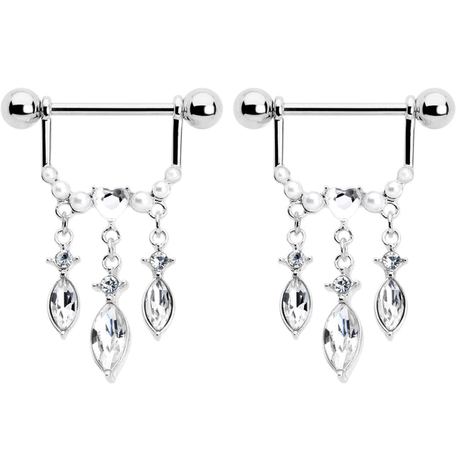 14G 9/16 Clear Gem Heart Triple Drop Dangle Nipple Ring Set