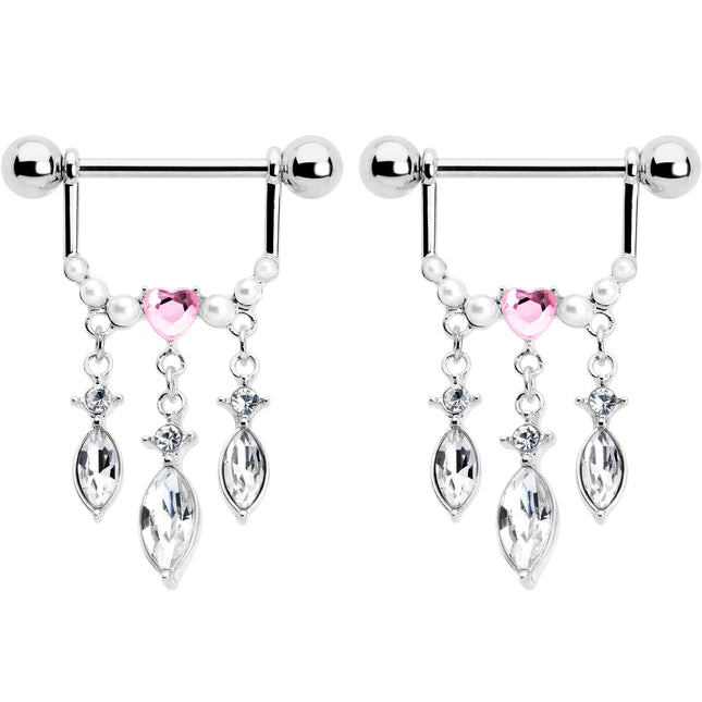 14G 9/16 Pink Gem Heart Triple Drop Dangle Nipple Ring Set