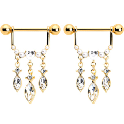 14G 9/16 Clear Gem Gold Tone Heart Triple Dangle Nipple Ring Set