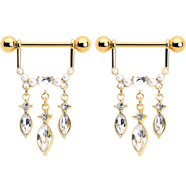 14G 9/16 Clear Gem Gold Tone Heart Triple Dangle Nipple Ring Set