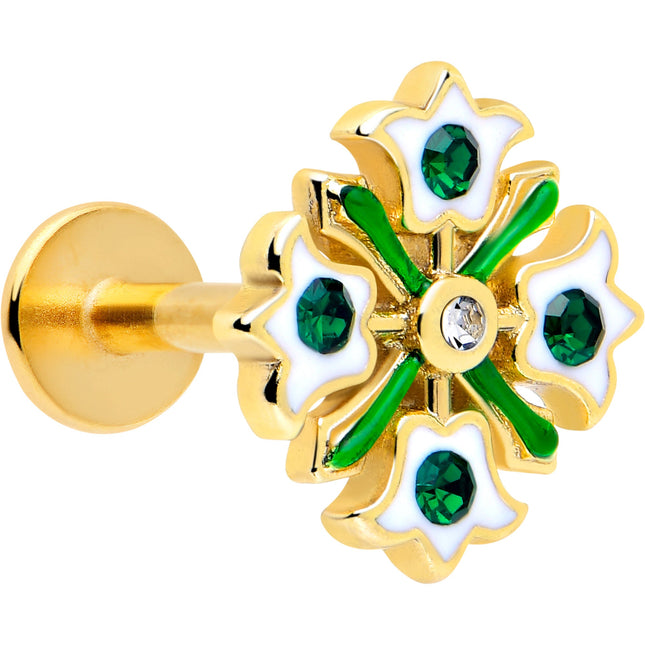 16G 1/4 Green Gem Gold Tone Flower Wreath Flatback Stud