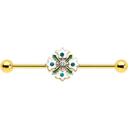 14G Green Gem Gold Tone Flower Wreath Industrial Barbell 38mm