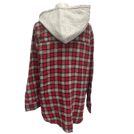 New Hand Printed Womens Small Rustic Pine Cone Long Sleeve Plaid Flannel Hoodie