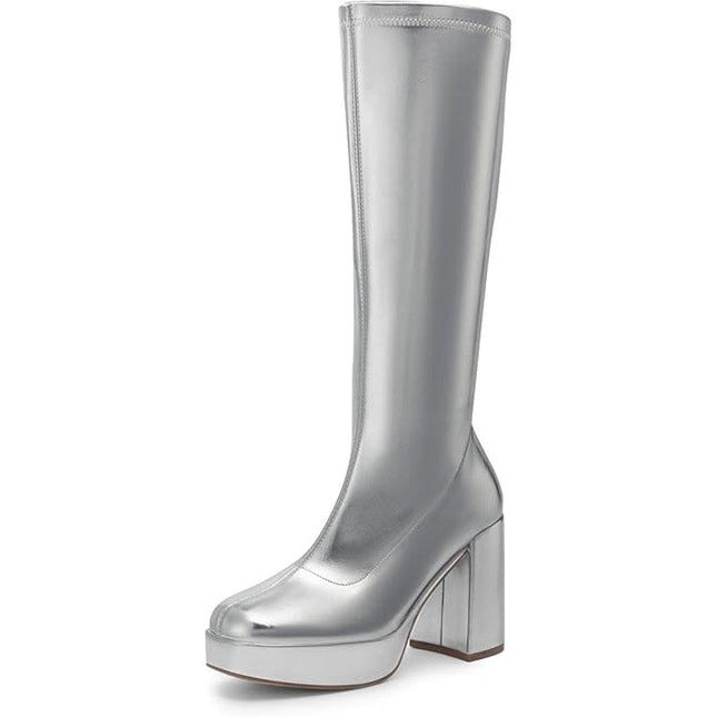 Dream Pairs Womens Size 8 Shiny Silver Zip 4" Platform Heel Knee High Gogo Boots