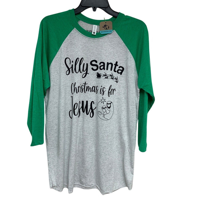 New Hand Printed Womens Large Silly Santa Christmas is for Jesus Tee Shirt