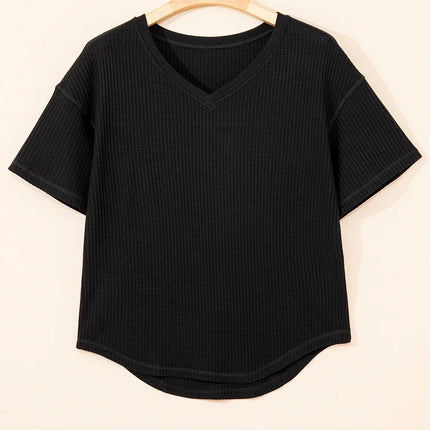 White Waffle Texture V Neck Drop Shoulder Loose Tee